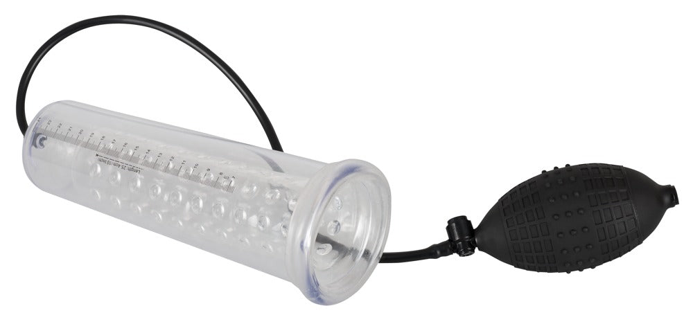 Mister Boner Fantastic Power Pump – liegende Produktansicht mit transparentem Pumpzylinder, Verbindungsschlauch und schwarzem Pumpball – erhältlich bei Evoria Care