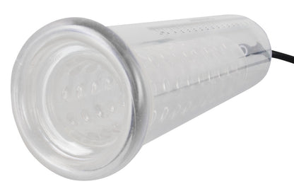 Mister Boner Fantastic Power Pump – Detailansicht des transparenten Sleeves mit strukturierter Innenöffnung – erhältlich bei Evoria Care