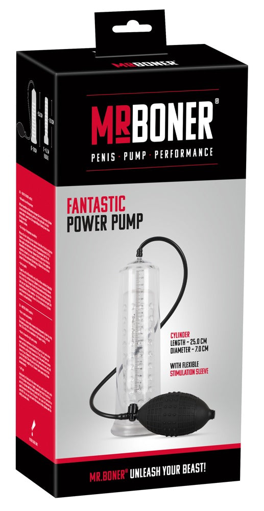 Mister Boner Fantastic Power Pump mit Sleeve – Penispumpe zusammen mit der schwarz-roten Mister Boner Produktverpackung – erhältlich bei Evoria Care
