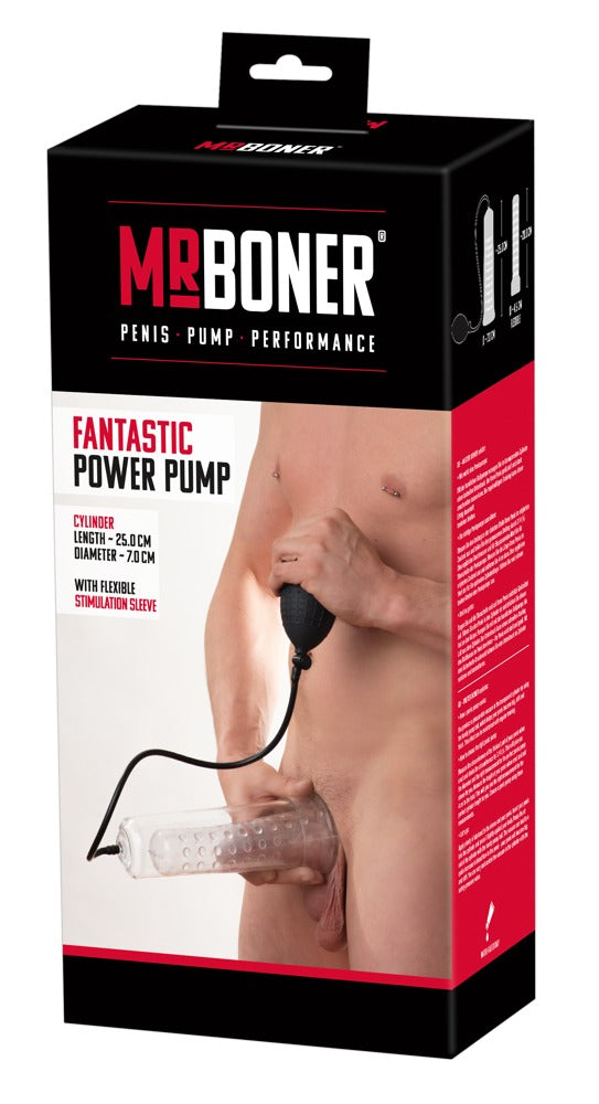 Mister Boner Fantastic Power Pump mit Sleeve – weitere Ansicht der Mister Boner Produktverpackung mit Produktdarstellung – erhältlich bei Evoria Care