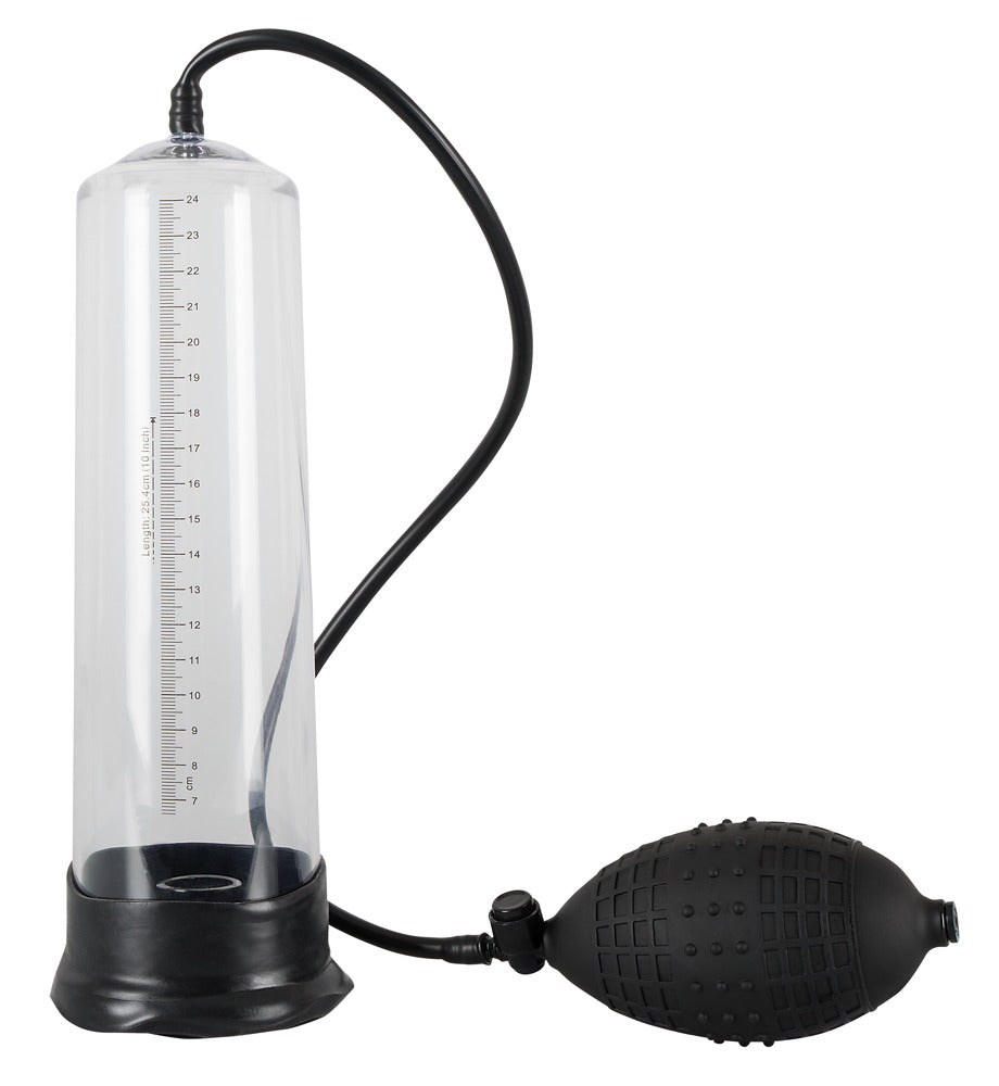 Mister Boner Professionals Power Pump – aufrechte Frontansicht mit transparentem Pumpzylinder, schwarzer Basis und angeschlossenem Schlauch – erhältlich bei Evoria Care