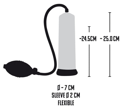 Mister Boner Professionals Power Pump – Maßgrafik mit Abmessungen des transparenten Pumpzylinders, Schlauch und schwarzem Pumpball – erhältlich bei Evoria Care