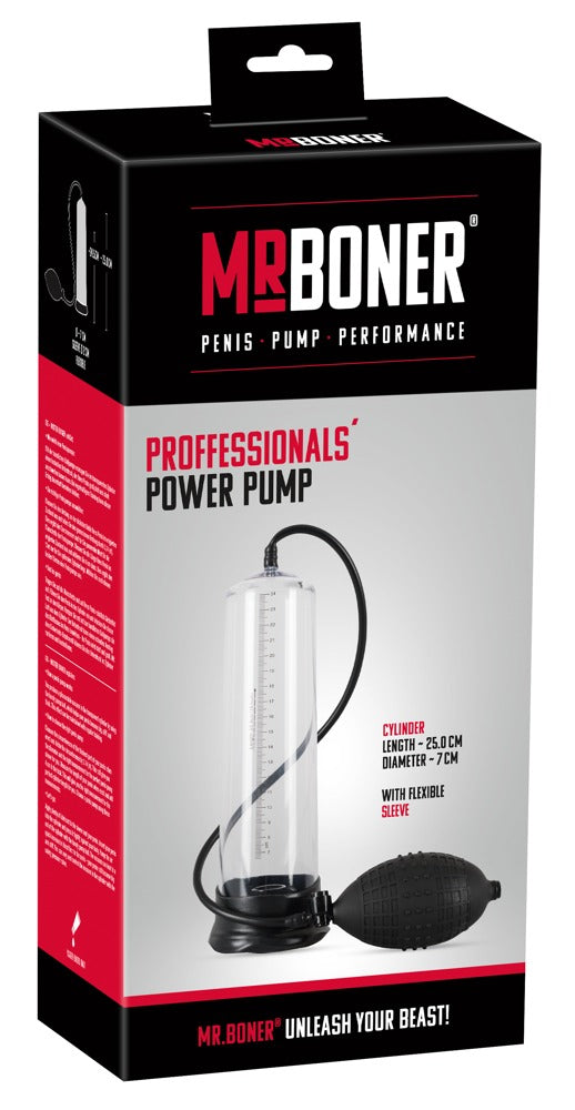 Mister Boner Professionals Power Pump – Penispumpe zusammen mit der schwarz-roten Mister Boner Produktverpackung – erhältlich bei Evoria Care