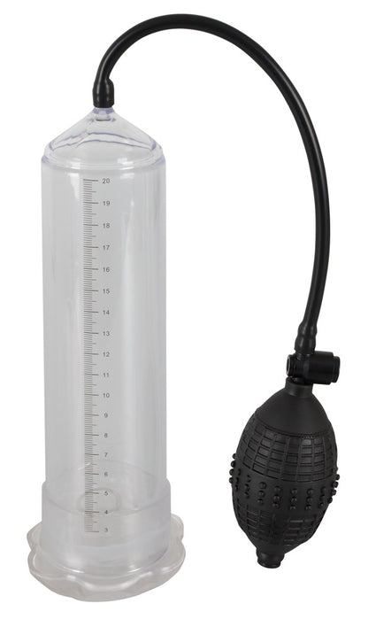 Mister Boner Starters Power Pump – große Produktansicht der Penispumpe mit transparentem Pumpzylinder, schwarzem Schlauch und manuellem Pumpball – erhältlich bei Evoria Care