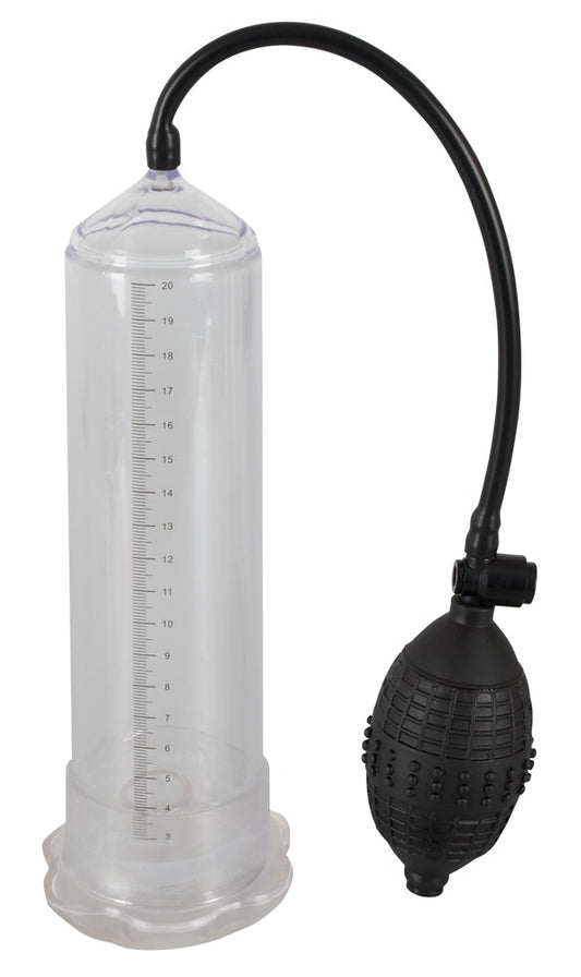 Mister Boner Starters Power Pump – große Produktansicht der Penispumpe mit transparentem Pumpzylinder, schwarzem Schlauch und manuellem Pumpball – erhältlich bei Evoria Care