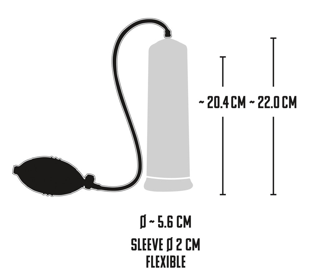 Mister Boner Starters Power Pump – Maßgrafik mit Abmessungen des transparenten Pumpzylinders und Darstellung des schwarzen Pumpballs – erhältlich bei Evoria Care
