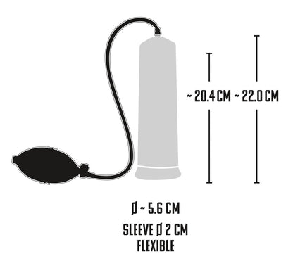 Mister Boner Starters Power Pump – Maßgrafik mit Abmessungen des transparenten Pumpzylinders und Darstellung des schwarzen Pumpballs – erhältlich bei Evoria Care