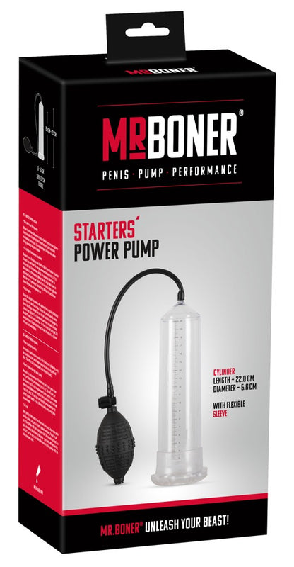 Mister Boner Starters Power Pump – Penispumpe mit transparentem Zylinder und Pumpball zusammen mit der Mister Boner Produktverpackung – erhältlich bei Evoria Care