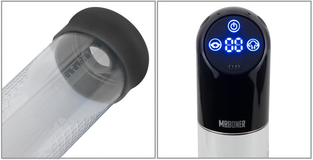 Mister Boner Waterproof Automatic Pump Penispumpe – Detailansicht des Pumpzylinders und des digitalen Displays am schwarzen Motorgehäuse – erhältlich bei Evoria Care