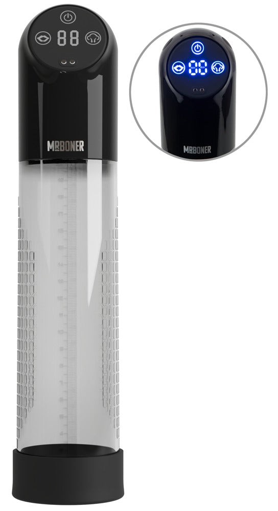 Mister Boner Waterproof Automatic Pump Penispumpe – große Produktansicht mit transparentem Pumpzylinder, schwarzem Motorgehäuse und digitalem Display – erhältlich bei Evoria Care