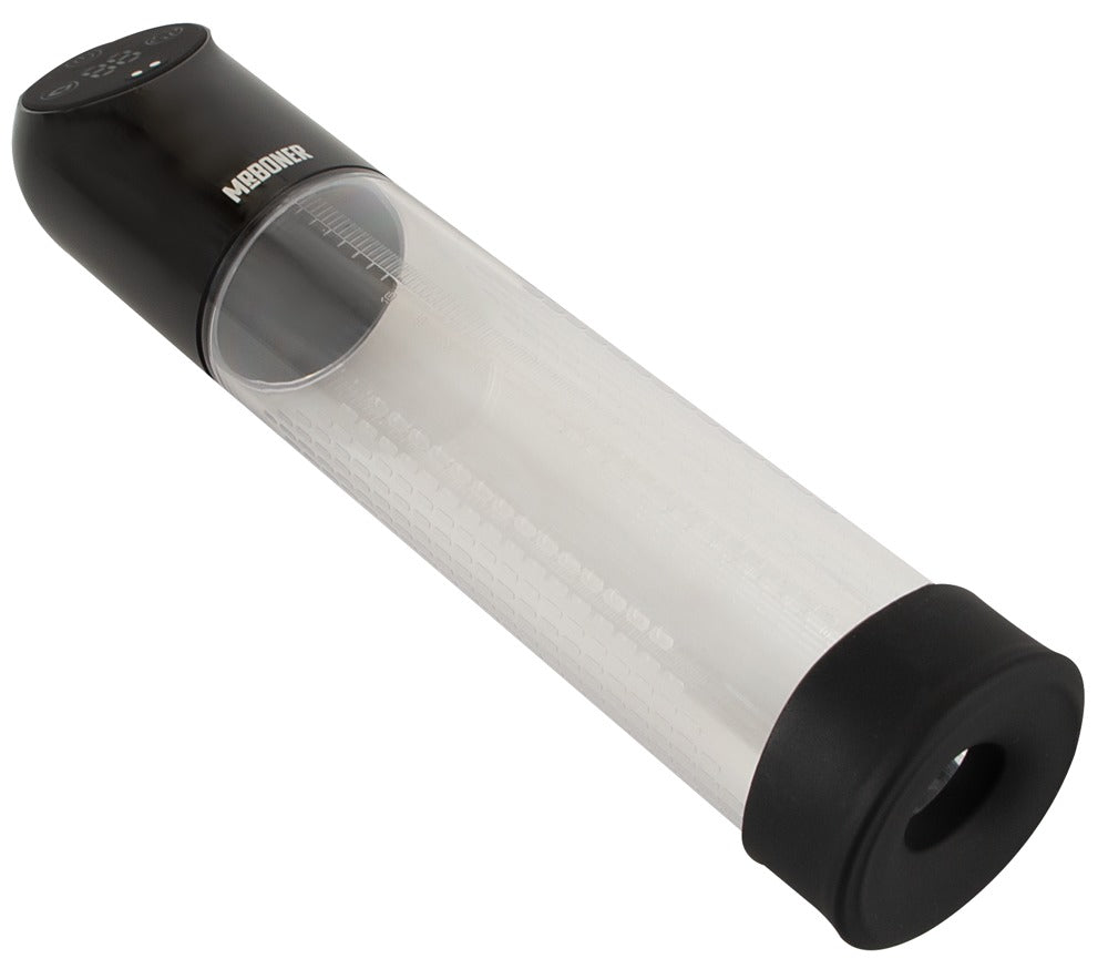 Mister Boner Waterproof Automatic Pump Penispumpe – schräge liegende Ansicht mit transparentem Pumpzylinder und schwarzem Pumpmechanismus – erhältlich bei Evoria Care