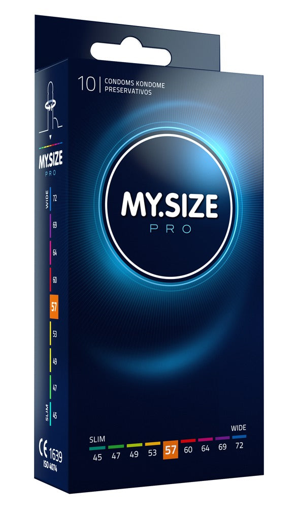 MY.SIZE PRO Kondome 57 mm aus Vytex-Latex – große Ansicht der dunkelblauen Produktverpackung mit MY.SIZE PRO Logo und Größenkennzeichnung – erhältlich bei Evoria Care