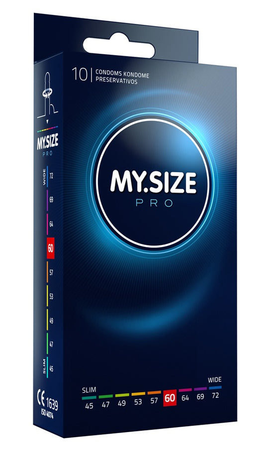 MY.SIZE PRO Kondome 60 mm aus Vytex-Latex – große Ansicht der dunkelblauen Produktverpackung mit MY.SIZE PRO Logo und Größenkennzeichnung – erhältlich bei Evoria Care
