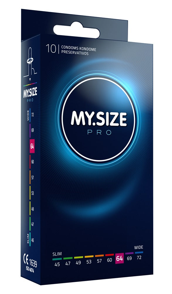 MY.SIZE PRO Kondome 64 mm aus Vytex-Latex – große Ansicht der dunkelblauen Produktverpackung mit MY.SIZE PRO Logo und Größenkennzeichnung – erhältlich bei Evoria Care