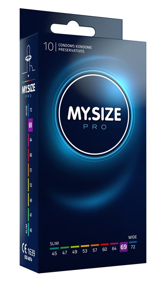 MY.SIZE PRO Kondome 69 mm aus Vytex-Latex – große Ansicht der dunkelblauen Produktverpackung mit MY.SIZE PRO Logo und Größenkennzeichnung – erhältlich bei Evoria Care