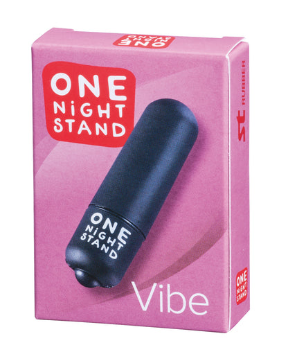 ONE NIGHT STAND Vibe – pinkfarbene Originalverpackung des dunkelblauen Mini-Vibrators mit Produktabbildung, weißem ONE NIGHT STAND Markenlogo und Vibe Produktbezeichnung – erhältlich bei Evoria Care