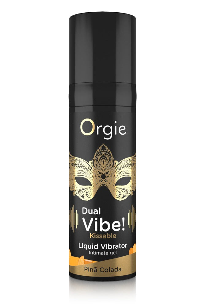 Orgie Dual Vibe! Piña Colada stimulierendes Intimgel mit Kribbeleffekt in schwarzer Flasche mit goldfarbenem Vibe!-Schriftzug, tropischem Motiv und schwarzem Verschluss in aufrechter Frontansicht – erhältlich bei Evoria Care