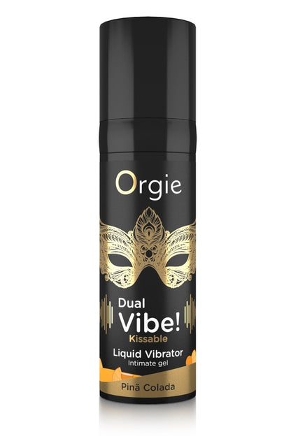 Orgie Dual Vibe! Piña Colada stimulierendes Intimgel mit Kribbeleffekt in schwarzer Flasche mit goldfarbenem Vibe!-Schriftzug, tropischem Motiv und schwarzem Verschluss in aufrechter Frontansicht – erhältlich bei Evoria Care