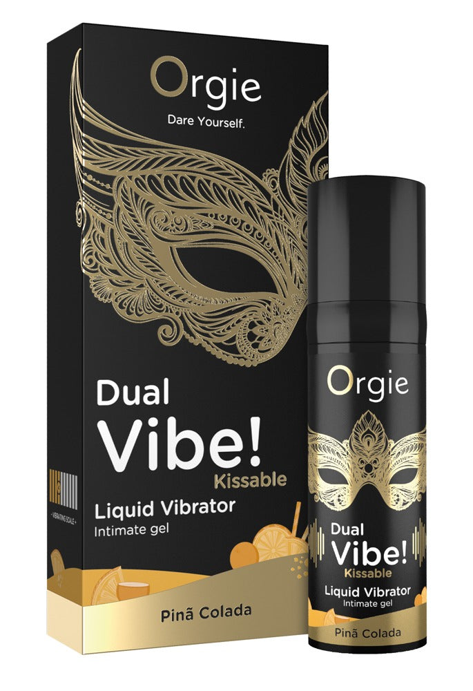 Orgie Dual Vibe! Piña Colada Intimgel mit Kribbeleffekt in schwarzer Flasche neben der passenden Originalverpackung mit goldfarbenem Vibe!-Design und Orgie Markenlogo – erhältlich bei Evoria Care