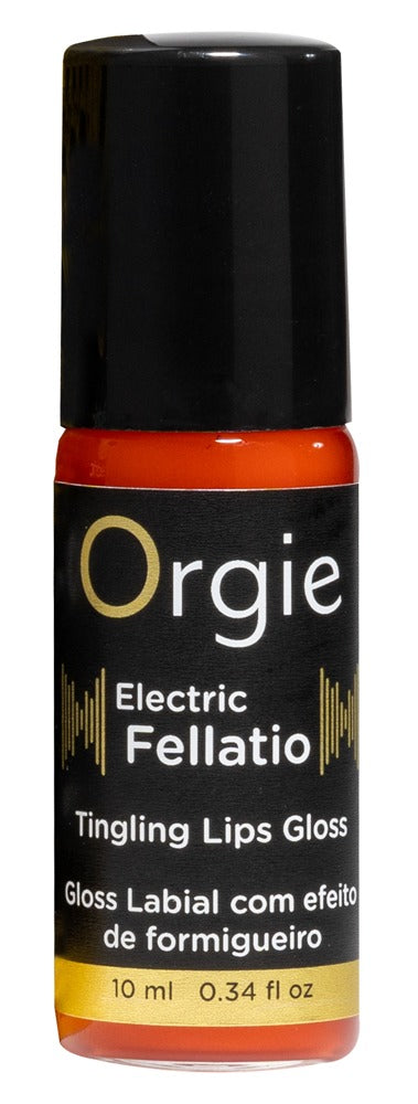 Orgie Electric Fellatio prickelnder Lipgloss in schwarzer Flasche mit orangefarbener Produktbeschriftung, Orgie Markenlogo und schwarzem Verschluss in aufrechter Frontansicht – erhältlich bei Evoria Care