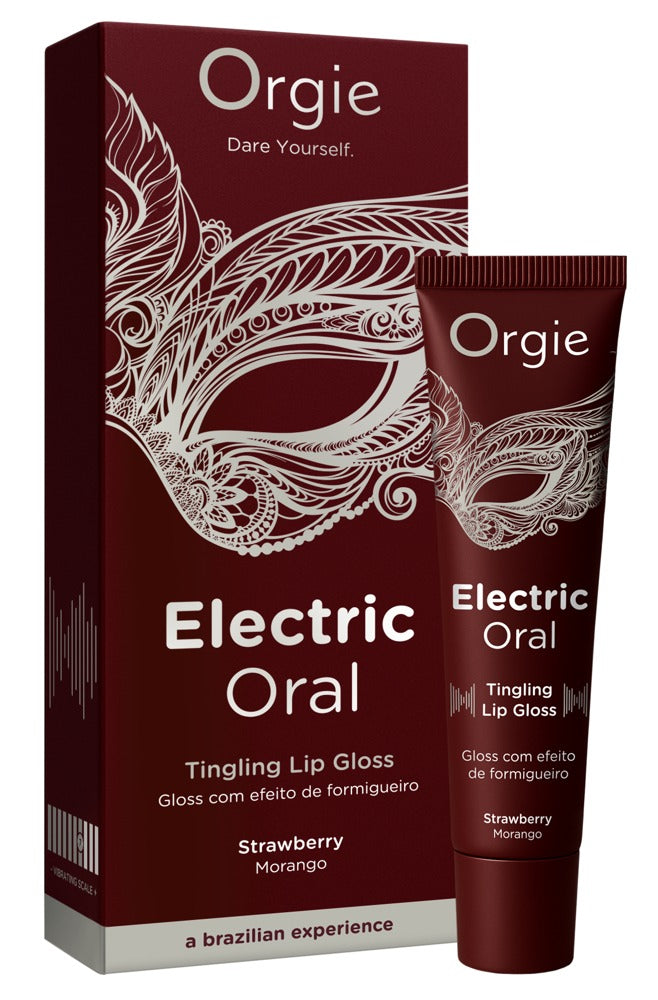 Orgie Electric Oral Tingling Lip Gloss mit dunkelroter Tube und passender Originalverpackung mit weißem Electric-Oral-Schriftzug und Orgie Markenlogo – erhältlich bei Evoria Care