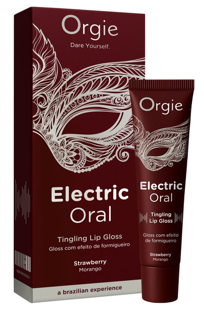 Orgie Electric Oral Tingling Lip Gloss mit dunkelroter Tube und passender Originalverpackung mit weißem Electric-Oral-Schriftzug und Orgie Markenlogo – erhältlich bei Evoria Care