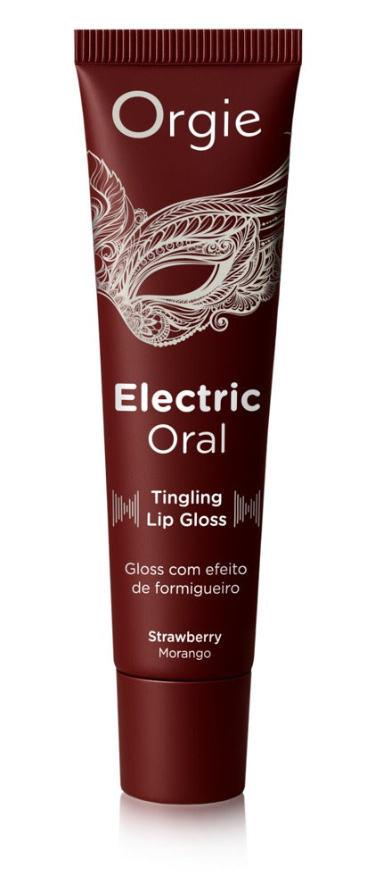 Orgie Electric Oral Tingling Lip Gloss in dunkelroter Tube mit weißem Produktaufdruck, Orgie Markenlogo und passendem Schraubverschluss in aufrechter Frontansicht – erhältlich bei Evoria Care