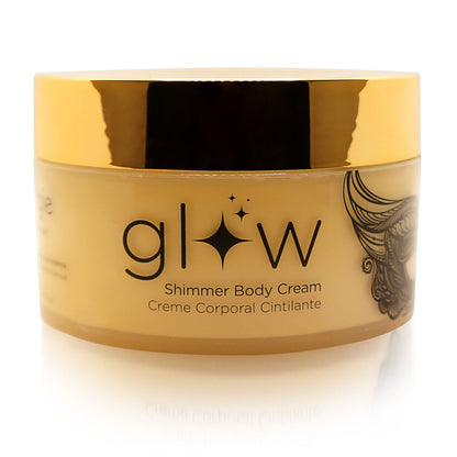 ORGIE Glow Shimmer Body Cream – goldfarbener Cremetiegel der schimmernden Körpercreme mit glänzendem goldfarbenem Schraubdeckel, großem schwarzem glow Schriftzug und dekorativem Sonnenmotiv in frontaler Produktansicht auf weißem Hintergrund – erhältlich bei Evoria Care