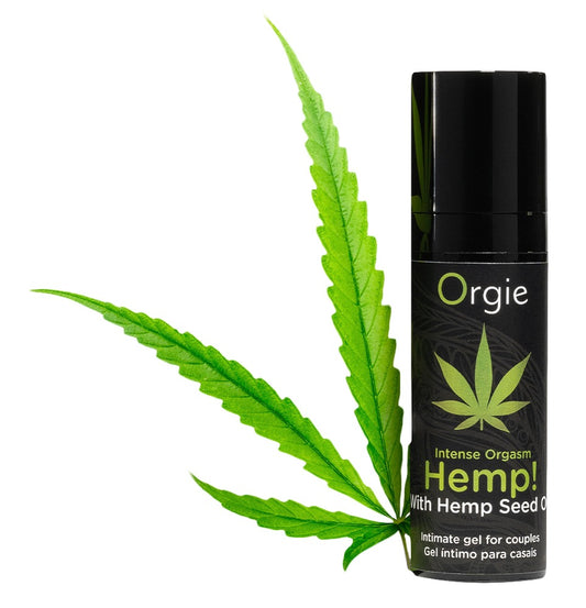 Orgie Hemp! Intense Orgasm Stimulationsgel in schwarzer Flasche mit grünem Hemp!-Schriftzug, Hanfblattmotiv und schwarzem Verschluss, dekoriert mit grünen Hanfblättern – erhältlich bei Evoria Care