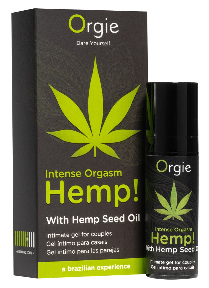 Orgie Hemp! Intense Orgasm Stimulationsgel in schwarzer Flasche neben der passenden Originalverpackung mit grünem Hanfblattmotiv, Hemp!-Schriftzug und Orgie Markenlogo – erhältlich bei Evoria Care