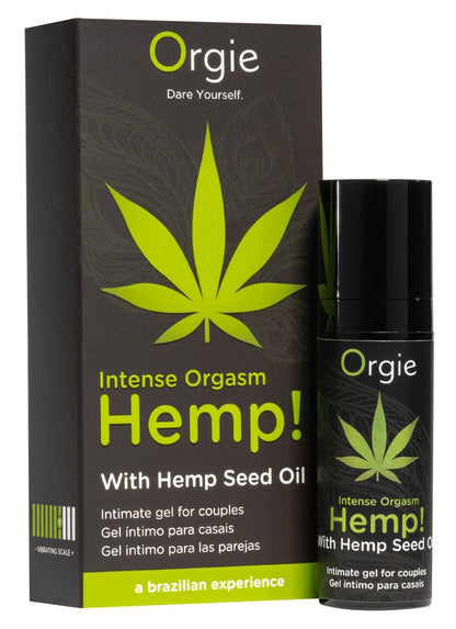 Orgie Hemp! Intense Orgasm Stimulationsgel in schwarzer Flasche neben der passenden Originalverpackung mit grünem Hanfblattmotiv, Hemp!-Schriftzug und Orgie Markenlogo – erhältlich bei Evoria Care