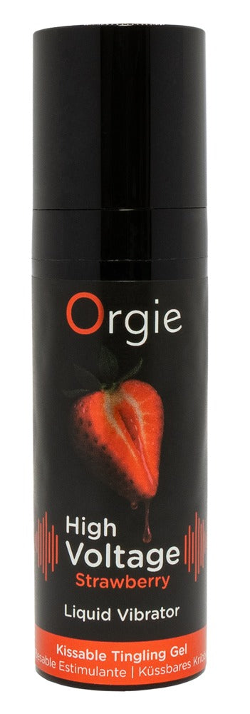 Orgie High Voltage Strawberry Stimulationsgel mit Erdbeergeschmack in schwarzer Flasche mit rotem High-Voltage-Motiv, orangefarbenem Etikett und schwarzem Verschluss in aufrechter Frontansicht – erhältlich bei Evoria Care