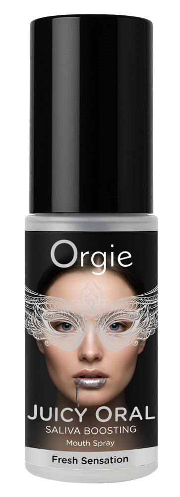 Orgie Juicy Oral Mundspray mit Minzgeschmack in schwarzer Sprayflasche mit Frauenmotiv, Juicy-Oral-Schriftzug und schwarzem Verschluss in aufrechter Frontansicht – erhältlich bei Evoria Care