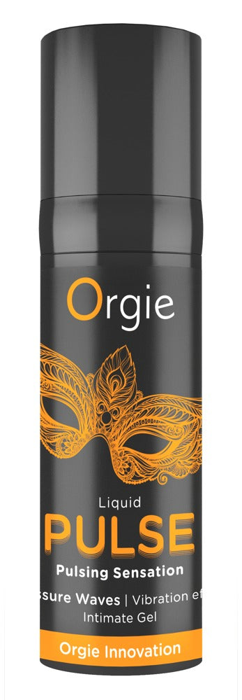 Orgie Liquid Pulse Stimulationsgel in schwarzer Flasche mit orangefarbenem Pulse-Schriftzug, grafischem Wellenmotiv und schwarzem Verschluss in aufrechter Frontansicht – erhältlich bei Evoria Care