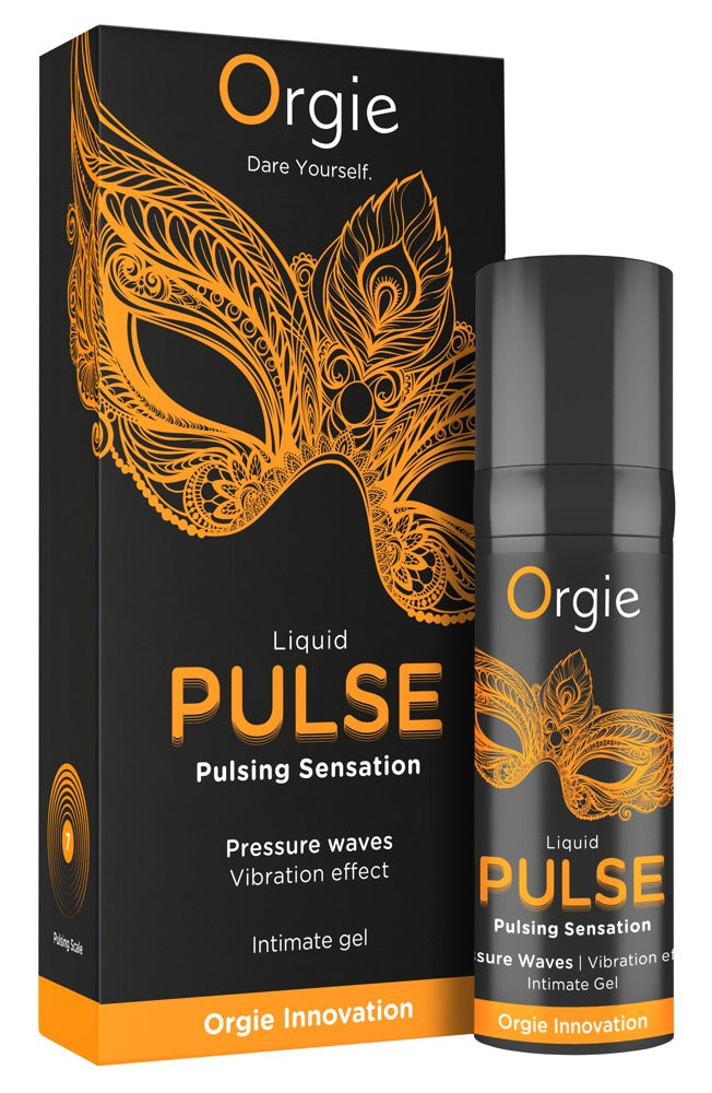 Orgie Liquid Pulse Stimulationsgel in schwarzer Originalverpackung mit orangefarbenem Pulse-Design und Orgie Markenlogo in aufrechter Produktansicht – erhältlich bei Evoria Care