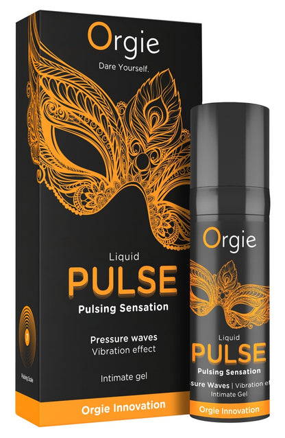 Orgie Liquid Pulse Stimulationsgel in schwarzer Originalverpackung mit orangefarbenem Pulse-Design und Orgie Markenlogo in aufrechter Produktansicht – erhältlich bei Evoria Care