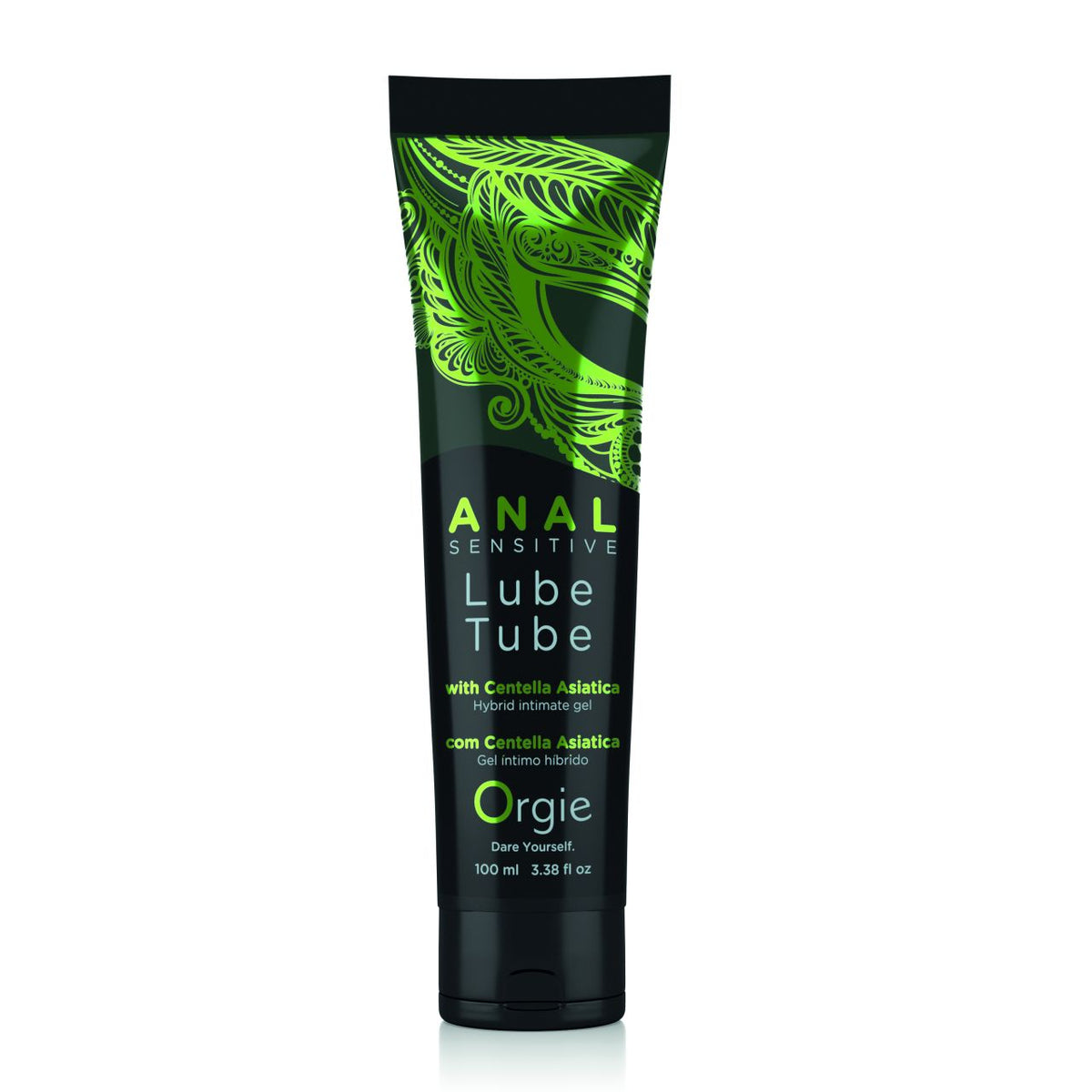 ORGIE Lube Tube Anal Sensitive – schwarze Tube des Hybrid-Analgleitgels mit Hyaluron, auffälligem grünem Grafikdesign, grünem ANAL LUBE Schriftzug und schwarzem Verschluss in aufrechter Vorderansicht auf weißem Hintergrund – erhältlich bei Evoria Care