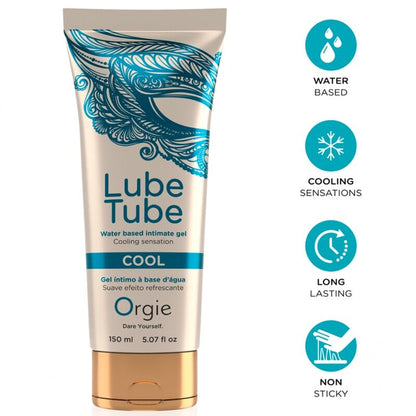 ORGIE Lube Tube Cool – weiße Gleitgel-Tube mit türkisfarbenem Design, goldfarbenem Verschluss und Lube Tube Schriftzug, neben vier grafisch dargestellten Produkteigenschaften mit türkisfarbenen Symbolen auf weißem Hintergrund – erhältlich bei Evoria Care