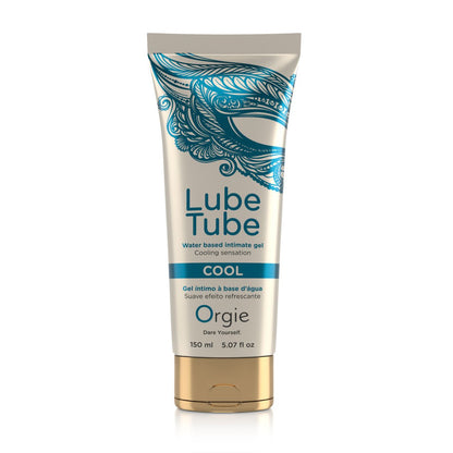 ORGIE Lube Tube Cool – weiße Tube des kühlenden Gleitgels mit türkisfarbenem Grafikdesign, großem Lube Tube Schriftzug und goldfarbenem Verschluss in aufrechter Vorderansicht auf weißem Hintergrund – erhältlich bei Evoria Care