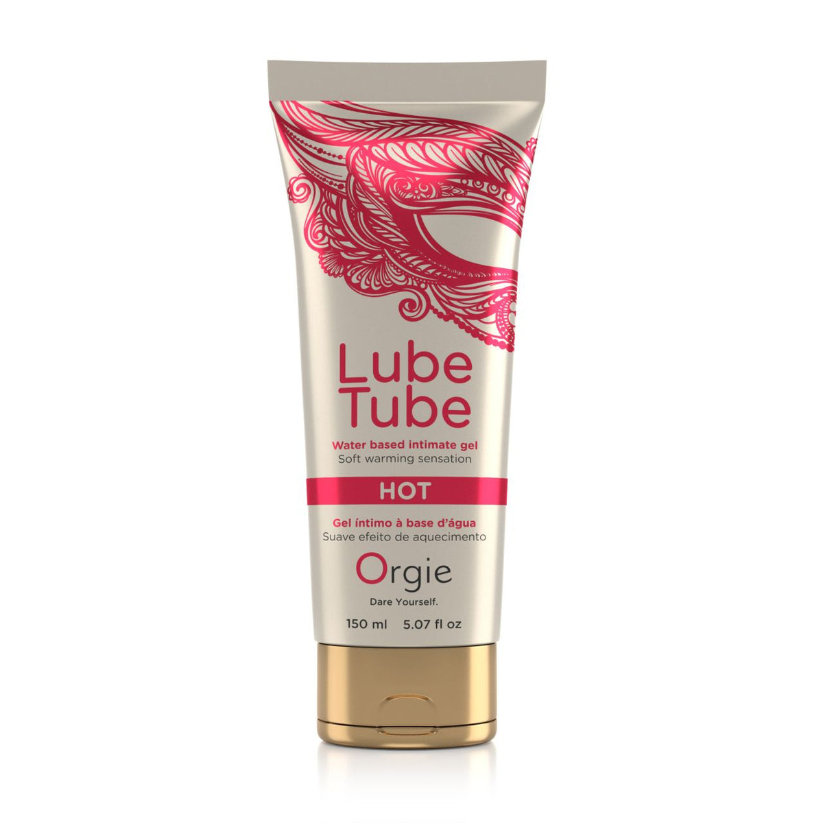 ORGIE Lube Tube Hot – weiße Tube des wärmenden Gleitgels mit rotem Grafikdesign, großem Lube Tube Schriftzug, goldfarbenen Designelementen und goldfarbenem Verschluss in aufrechter Vorderansicht auf weißem Hintergrund – erhältlich bei Evoria Care