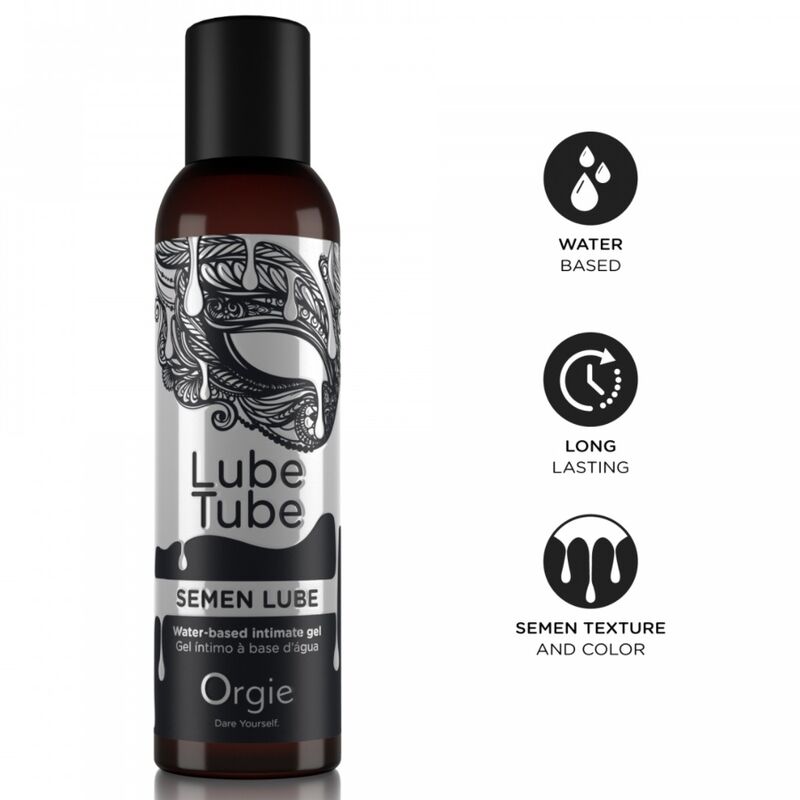 ORGIE Lube Tube Semen Lube – transparente Flasche des Sperma-Gleitgels auf Wasserbasis mit schwarzem Verschluss und schwarz-silbernem Etikett, neben drei grafisch dargestellten Produkteigenschaften mit schwarzen Symbolen auf weißem Hintergrund – erhältlich bei Evoria Care