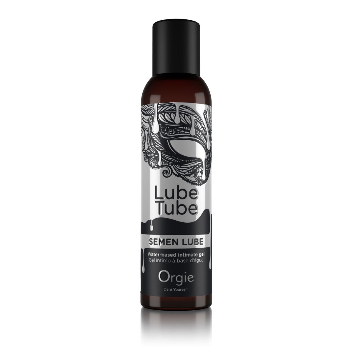 ORGIE Lube Tube Semen Lube – realistisches Sperma-Gleitgel auf Wasserbasis in einer transparenten Flasche mit schwarzem Schraubverschluss, schwarz-silbernem Produktetikett und weißem SEMEN LUBE Schriftzug in aufrechter Vorderansicht auf weißem Hintergrund – erhältlich bei Evoria Care