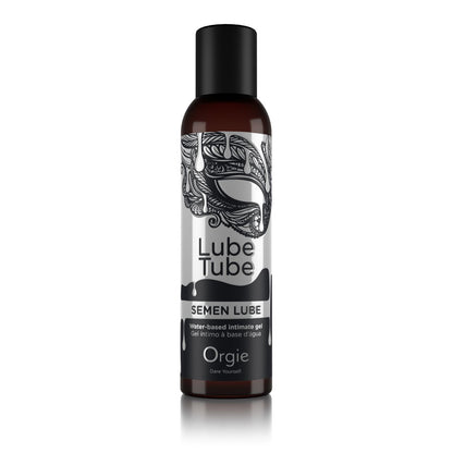 ORGIE Lube Tube Semen Lube – realistisches Sperma-Gleitgel auf Wasserbasis in einer transparenten Flasche mit schwarzem Schraubverschluss, schwarz-silbernem Produktetikett und weißem SEMEN LUBE Schriftzug in aufrechter Vorderansicht auf weißem Hintergrund – erhältlich bei Evoria Care