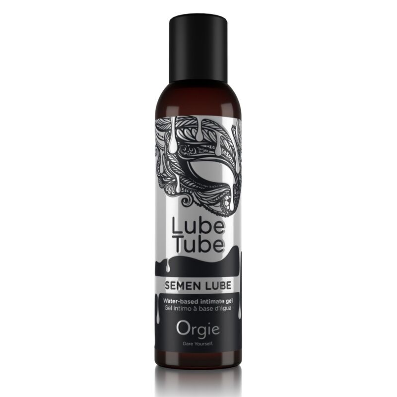 ORGIE Lube Tube Semen Lube – Flasche des wasserbasierten Sperma-Gleitgels mit schwarzem Schraubverschluss, silberfarbenem Grafikdesign und weißem SEMEN LUBE Schriftzug in einer weiteren aufrechten Produktansicht auf weißem Hintergrund – erhältlich bei Evoria Care
