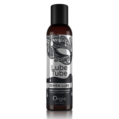 ORGIE Lube Tube Semen Lube – Flasche des wasserbasierten Sperma-Gleitgels mit schwarzem Schraubverschluss, silberfarbenem Grafikdesign und weißem SEMEN LUBE Schriftzug in einer weiteren aufrechten Produktansicht auf weißem Hintergrund – erhältlich bei Evoria Care