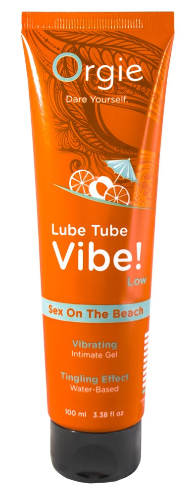 Orgie Lube Tube Vibe! Sex on the Beach prickelndes Gleitgel in orangefarbener Tube mit weißem Vibe!-Schriftzug, tropischem Motiv und schwarzem Verschluss in aufrechter Frontansicht – erhältlich bei Evoria Care