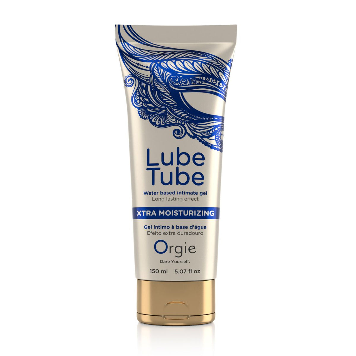 ORGIE Lube Tube Xtra Moisturizing – weiße Tube des feuchtigkeitsspendenden Gleitgels mit blau-goldenem Grafikdesign, großem Lube Tube Schriftzug und goldfarbenem Verschluss in aufrechter Vorderansicht auf weißem Hintergrund – erhältlich bei Evoria Care