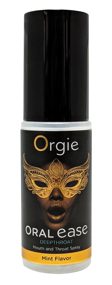 Orgie Oral Ease Deepthroat Mund- und Rachenspray in schwarzer Flasche mit goldfarbenem Etikett, dekorativem Motiv und schwarzem Verschluss in aufrechter Frontansicht – erhältlich bei Evoria Care