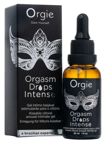 Orgie Orgasm Drops Intense Klitoristropfen in schwarzer Pipettenflasche neben der passenden Originalverpackung mit silbergrauem Design und Orgie Markenlogo – erhältlich bei Evoria Care