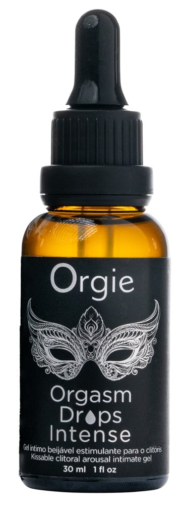 Orgie Orgasm Drops Intense wärmende Klitoristropfen in schwarzer Tropfflasche mit goldfarbenem Flaschenhals, Pipettenverschluss und silbergrauem Etikett in aufrechter Frontansicht – erhältlich bei Evoria Care